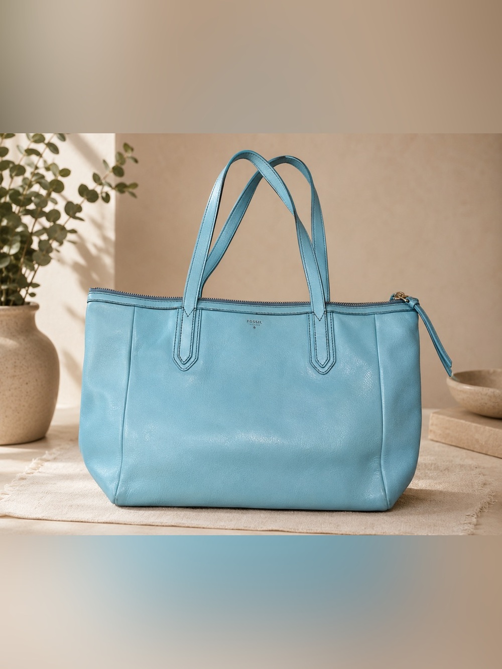 Fossil Sydney Shopper Tote Sky Blue Leather Shoulder Bag